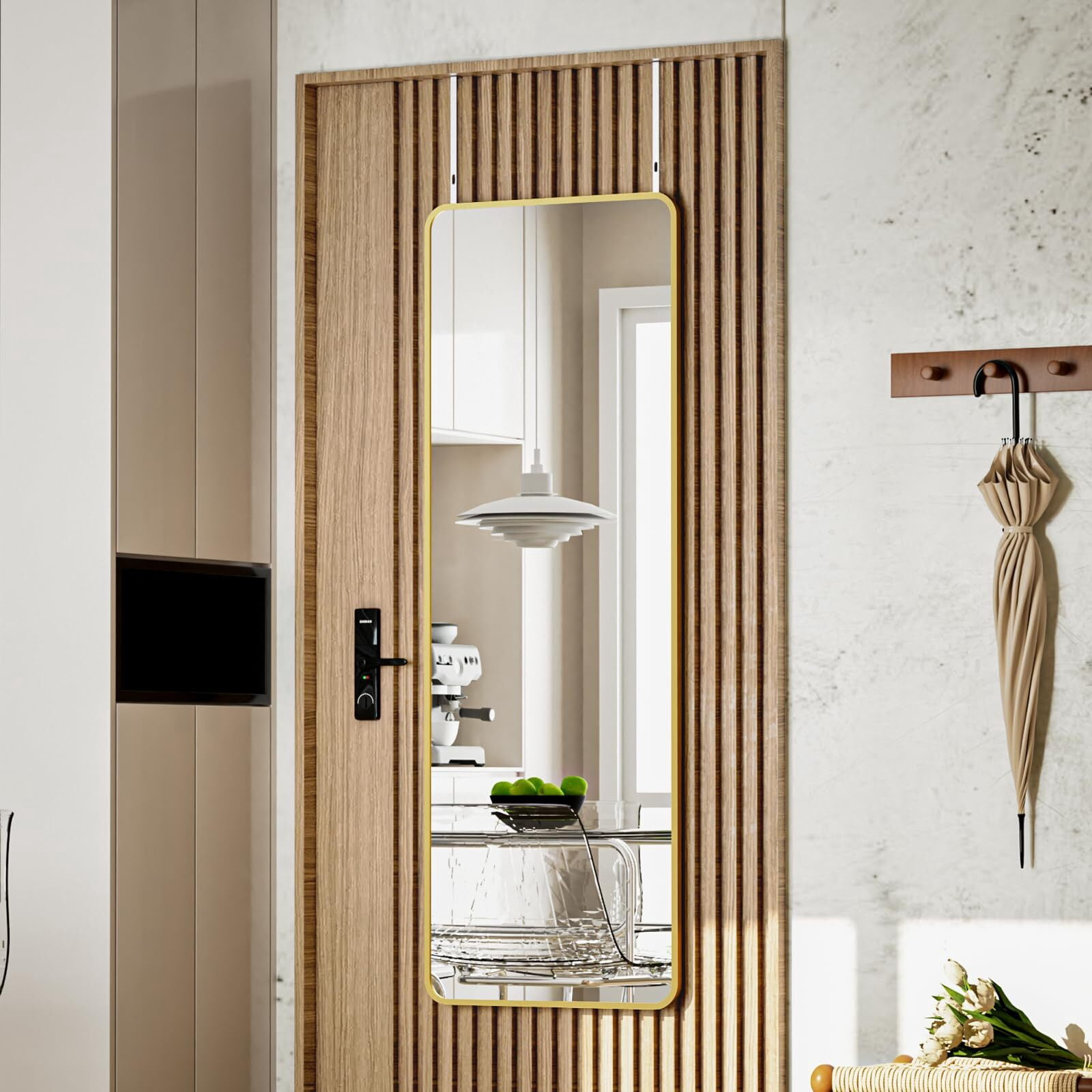 AnyRose Full Length Mirror 14" x 48" Over The Door Mirror, Aluminum Alloy Large Hanging Mirrors, Wall Mounted Body,Gold