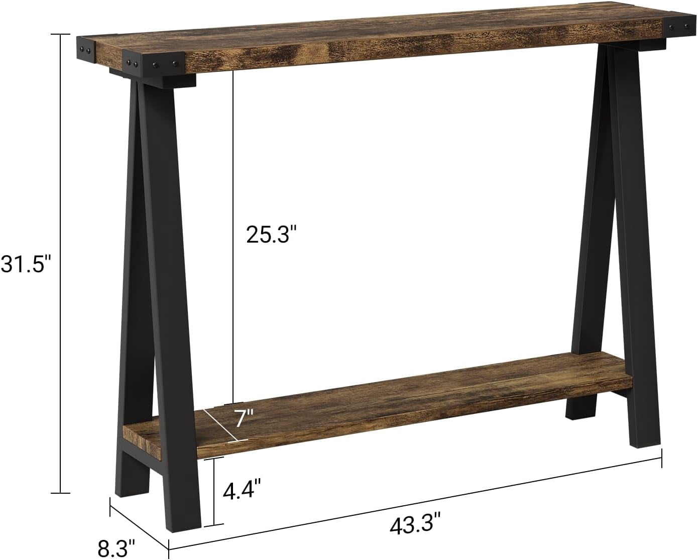Farmhouse Narrow Entryway Table, 43.3" Console Table with Storage, 2 Tier Sofa Table with Metal Frame and MDF, Narrow Console Table for Living Room, Hallway, Entryway-Rustic Brown