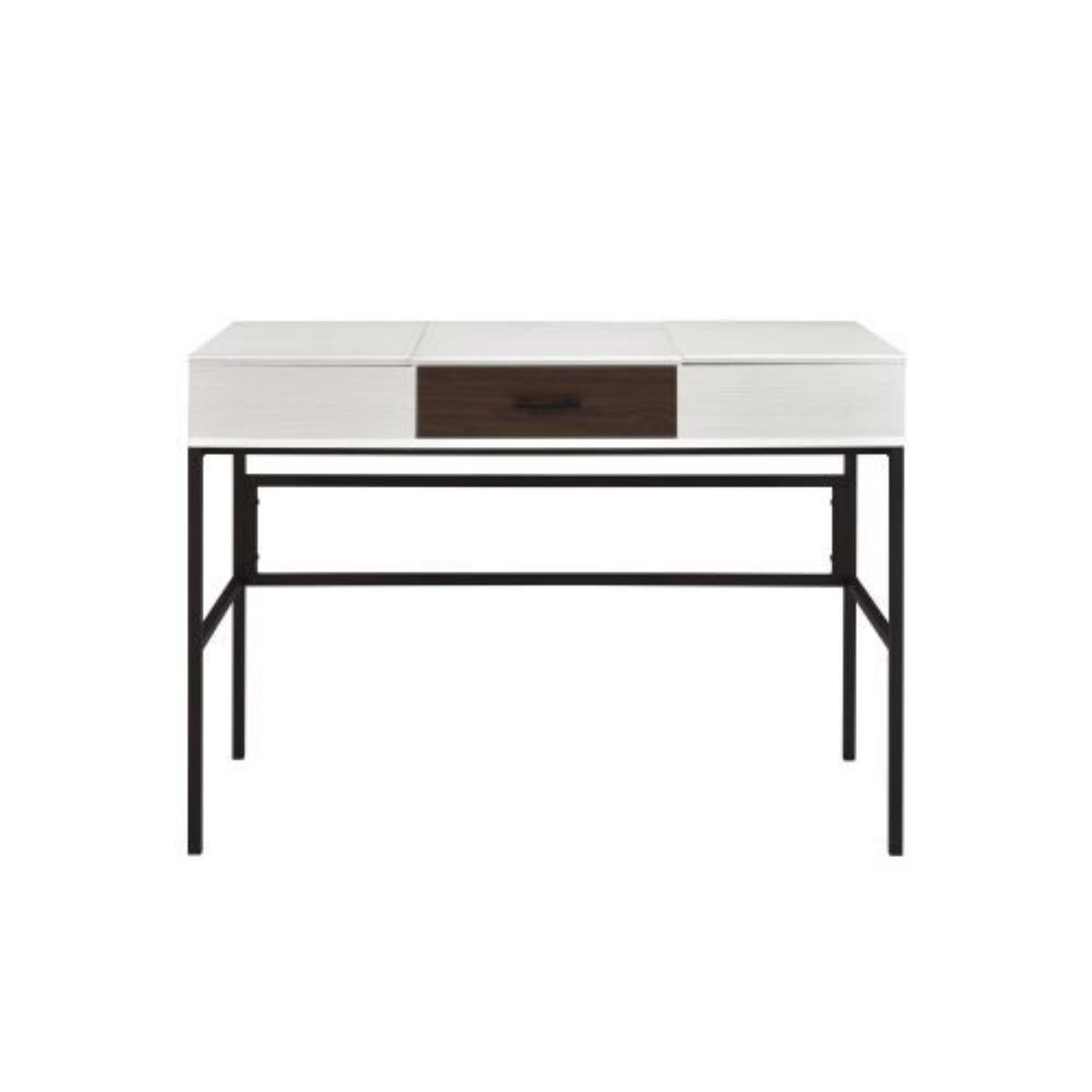 43" Modern Writing Desk with USB Charging Port, Natural & Black Computer Desk with Storage Drawer, Metal Base Office Desk with Side Shelves, Rectangular Study Table for Home Office