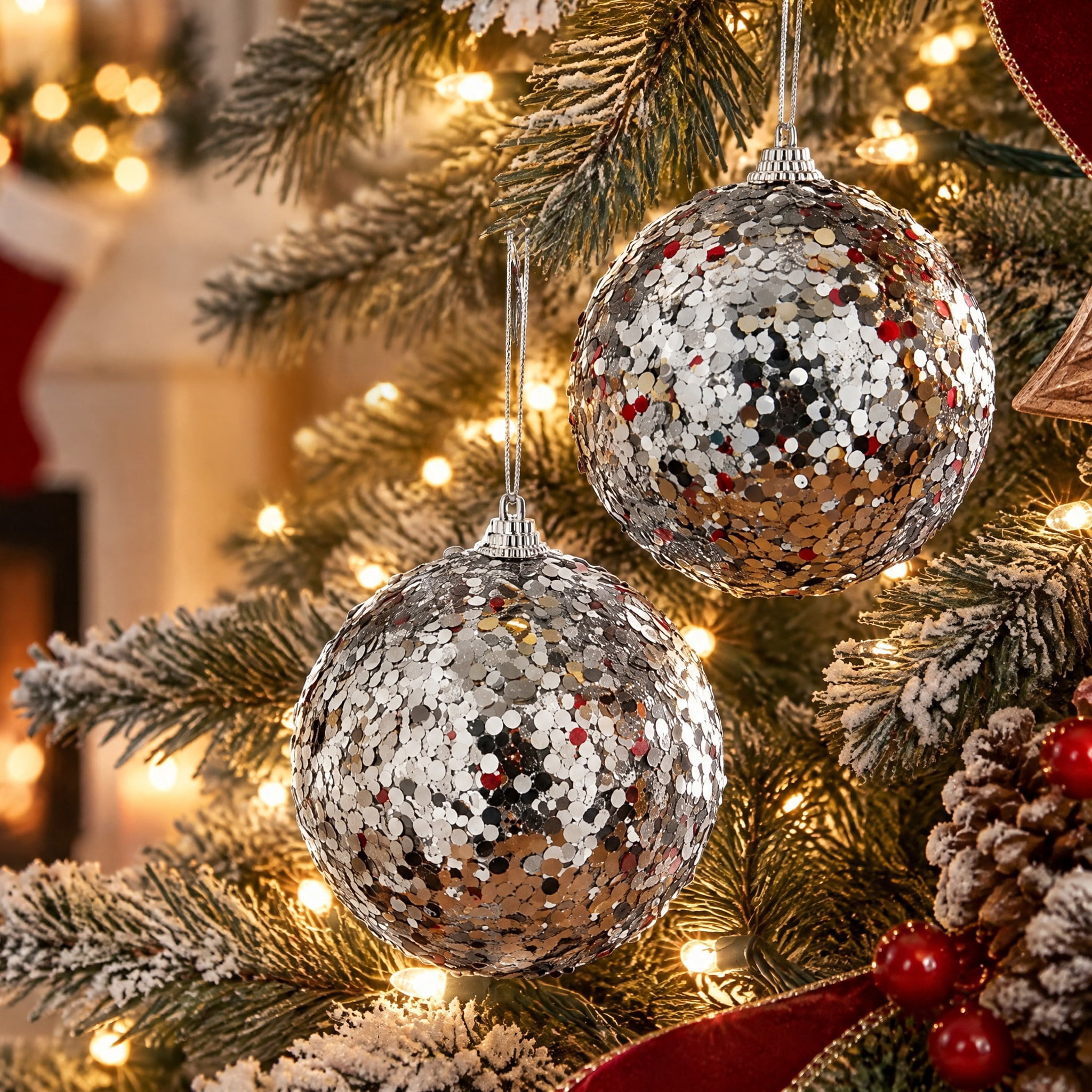 4-Count Silver Chunky Glitter Ball Christmas Ornaments, 4", by Holiday Time