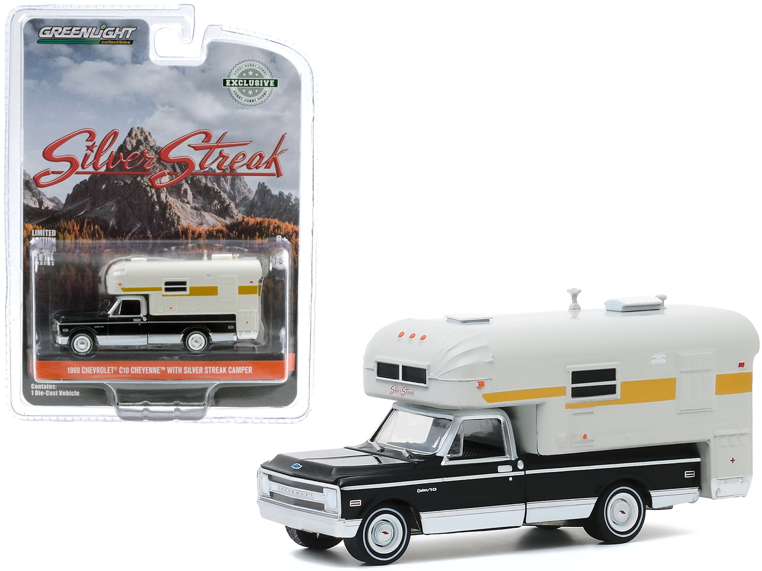 1968 Chevrolet C10 with Silver Streak Camper Hobby Exclusive 1/64 by Greenlight 29865
