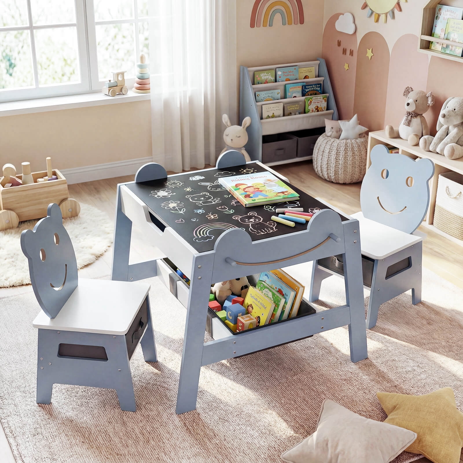 Costway 5-in-1 Kids' Table & Chair Set with Chalkboard, Whiteboard, 3 Storage Bins, 4 Hooks Gray + White