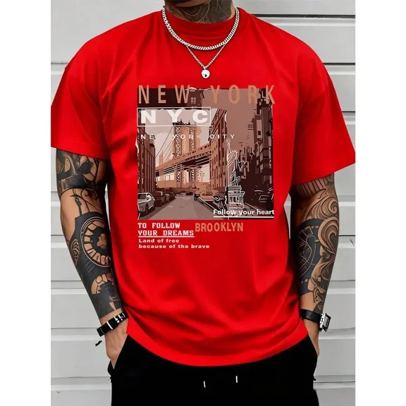 Men's Graphic T-Shirt with Retro Print, Casual Streetwear Regular Fit Short Sleeve