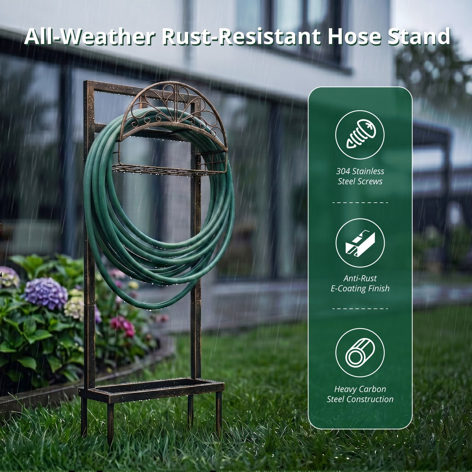 Heavy-Duty Freestanding Garden Hose Holder with Storage Basket