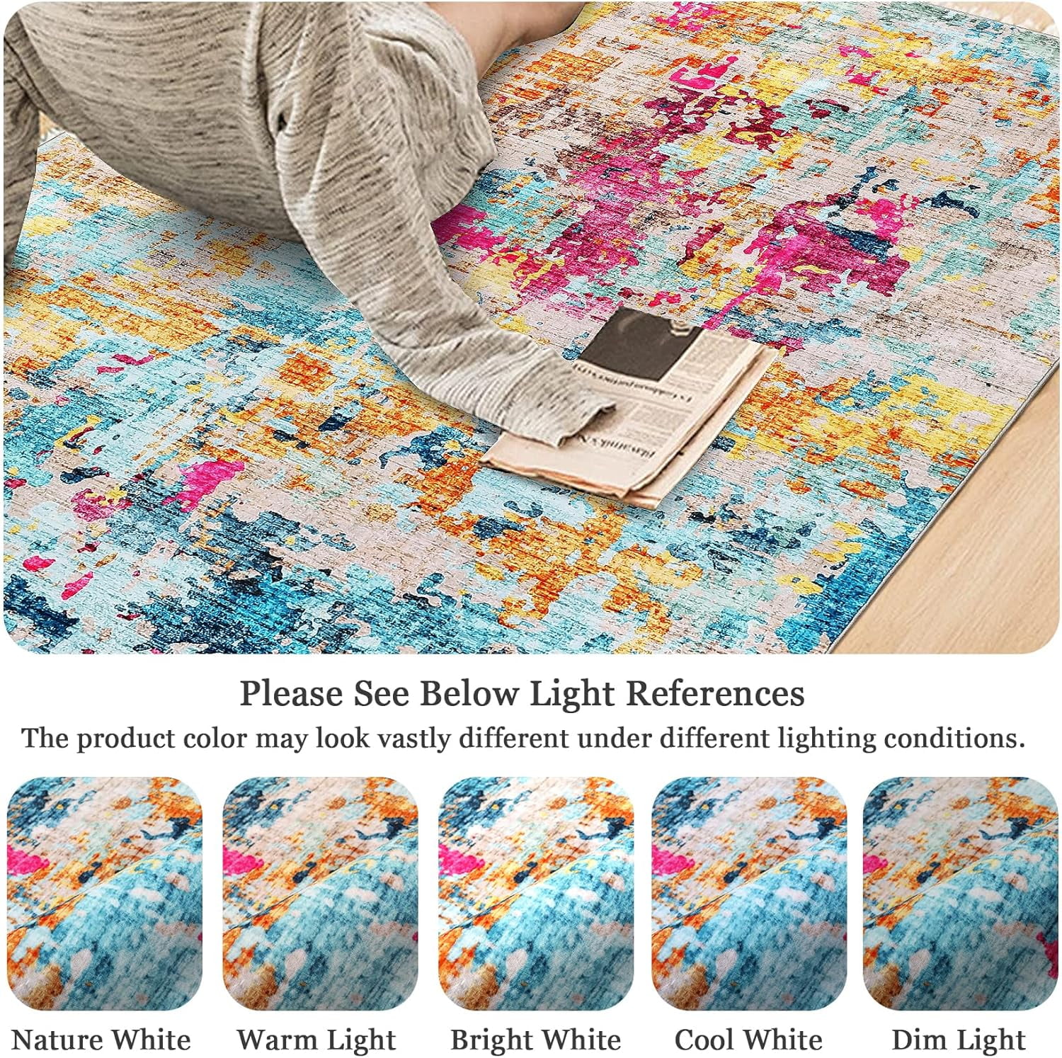 Colorful Abstract Area Rug, 5x7 Boho Washable Living Room Bedroom Rug Modern Non-Slip Non-Shedding Low Pile Area Rug Throw Rug for Dining Room Home (Colorful Multi, 5'x7')