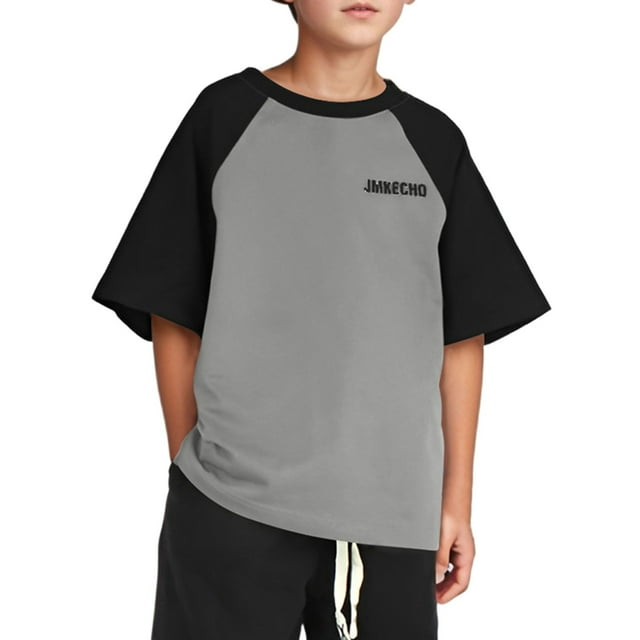 Rovga Hauts pour Garçons Adolescents T-Shirt à Manches Courtes Col Rond Imprimé Lettre Bloc de Couleur Haut Enfants École Extérieur Été Printemps Vêtements Décontractés Garçons 13-14 Ans Gris