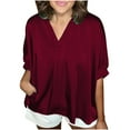 thumbnail image 1 of Timegard Oversized Tops for Women Satin V-Neck Short Sleeve Solid Color Work Casual Loose Tops Blouse, 1 of 6