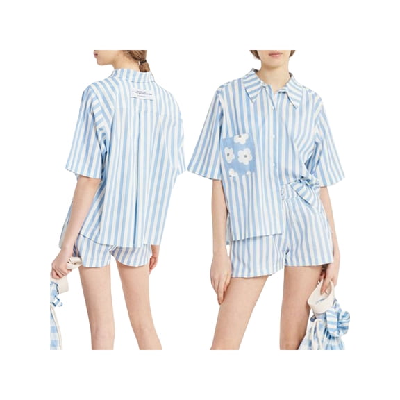 Rdhnmea Women 2 Piece Lounge Shorts Set Plaid/Stripes/Flower Print Short Sleeve Shirt with Elastic Waist Shorts Summer Outfits