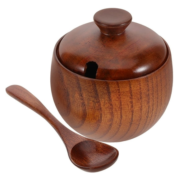 Hemoton  Salt Bowl with Lid and Spoon Coffee Creamer Container Brown