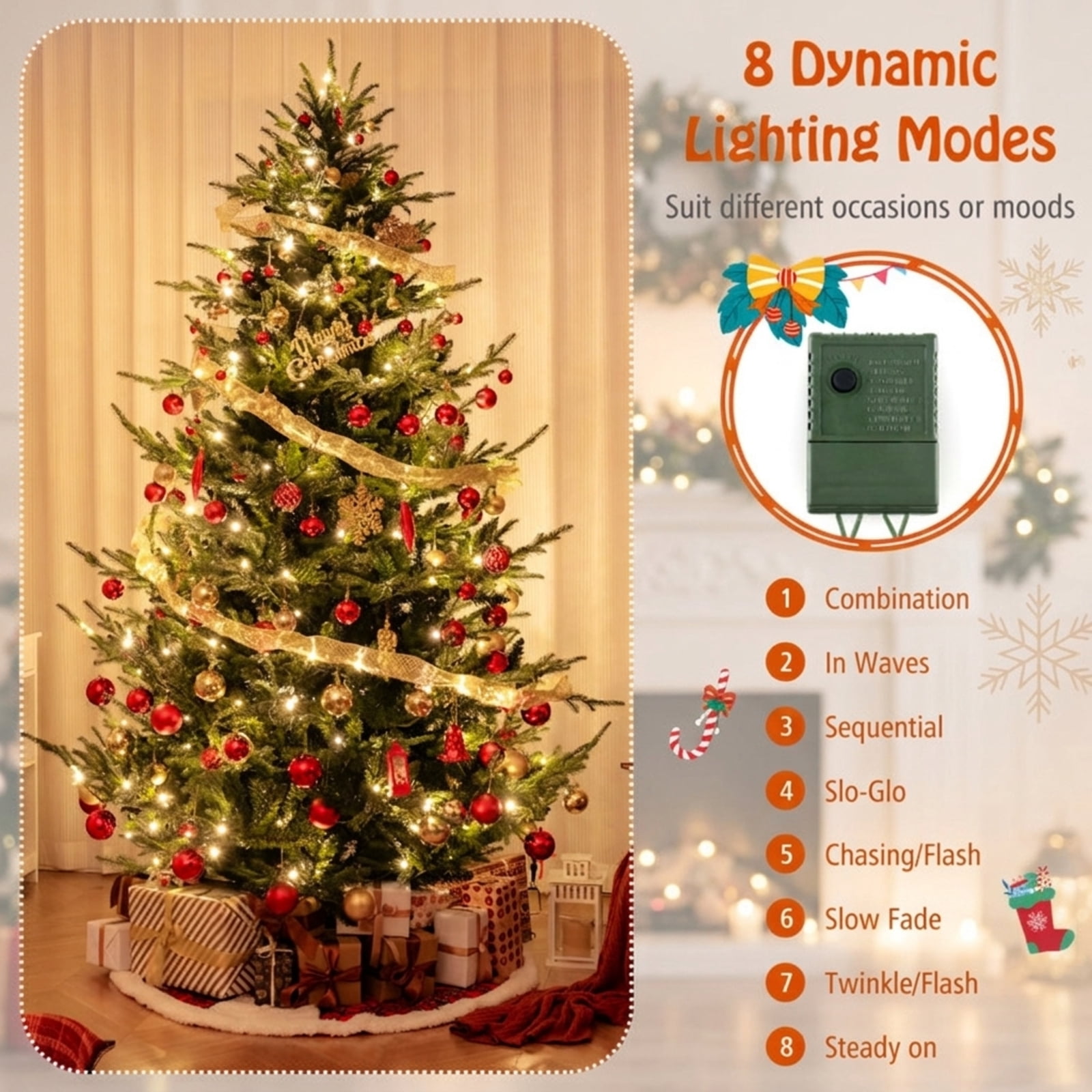 RUIE 8 ft Pre-Lit Christmas Tree, Tall Green Artificial Hinged Xmas Tree with 450 LED Lights, 1480 Branch Tips, Foldable Stand