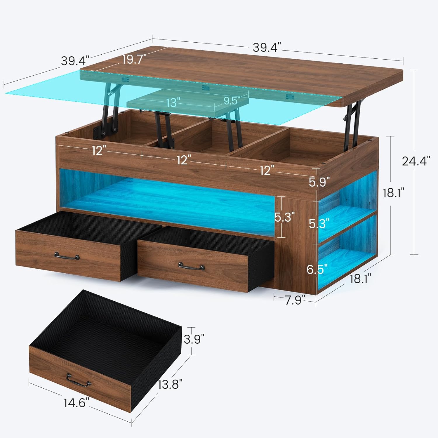 40" Farmhouse Lift Top Coffee Table, 4 in 1 Multifunction Lift Coffee Tables with 2 Drawers, Open Shelves and Hidden Compartment, Center Table with Wooden Tabletop for Living Room, Brown