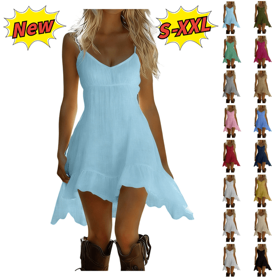 Utoimkio Women's Summer Linen Mini Dress Tiered Cami Spaghetti Strap Flowy Swing A-Line Dresses Ruffled Hem Beach Sundress Size S-XXL
