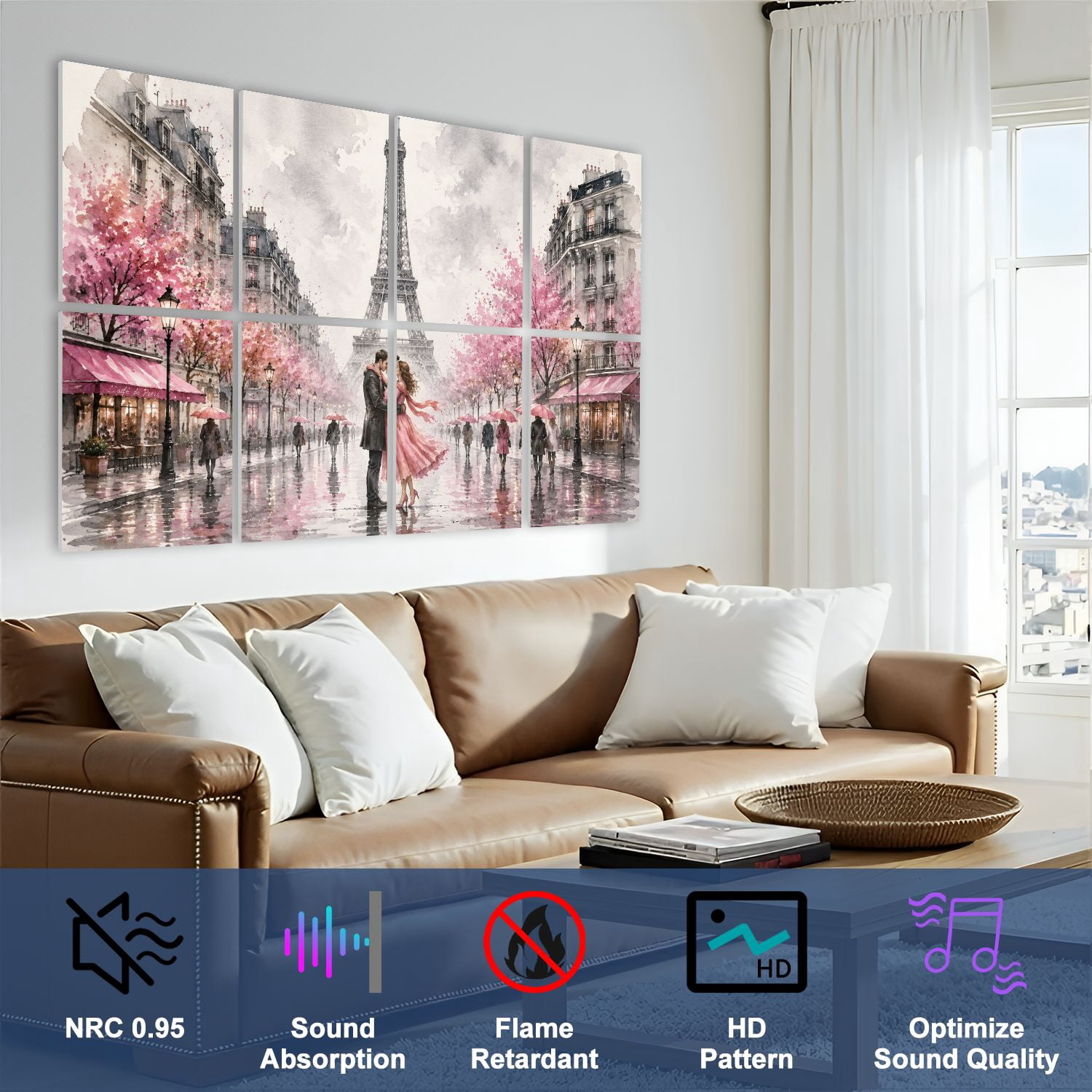 8 Pack Art Acoustic Panels Sound Absorbing Oil Painting Paris european city landscape France eiffel tower Black Decorative Soundproof Wall Panels Self Adhesive for Nursery Game Room Bedroom 48"x32"