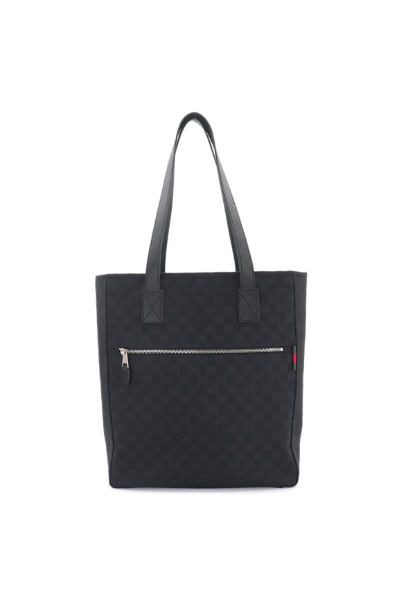 Pre-Owned Gucci GG Canvas Medium Tote Handbag, Leather, Black, 834796, Silver Hardware Bag