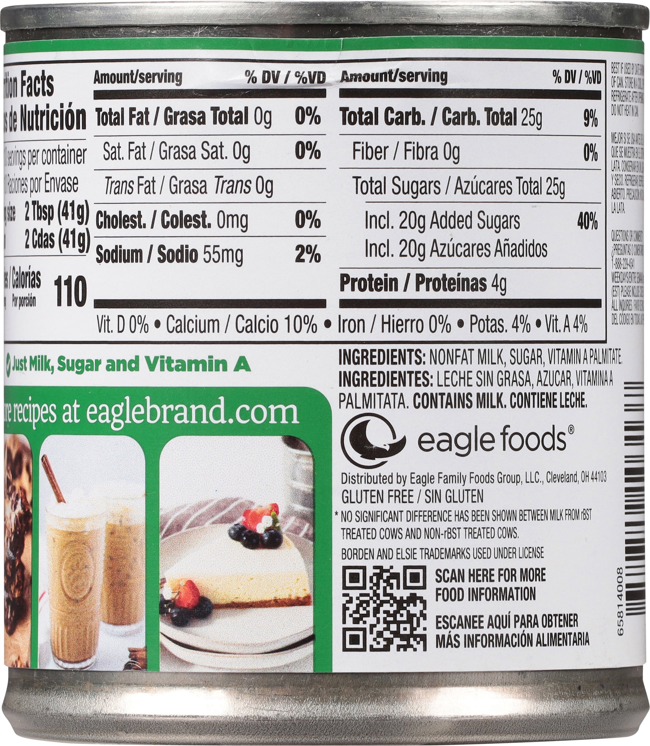(8 pack) Eagle Brand Fat Free Sweetened Condensed Milk, 100% US Milk, Gluten Free, 14 oz Can