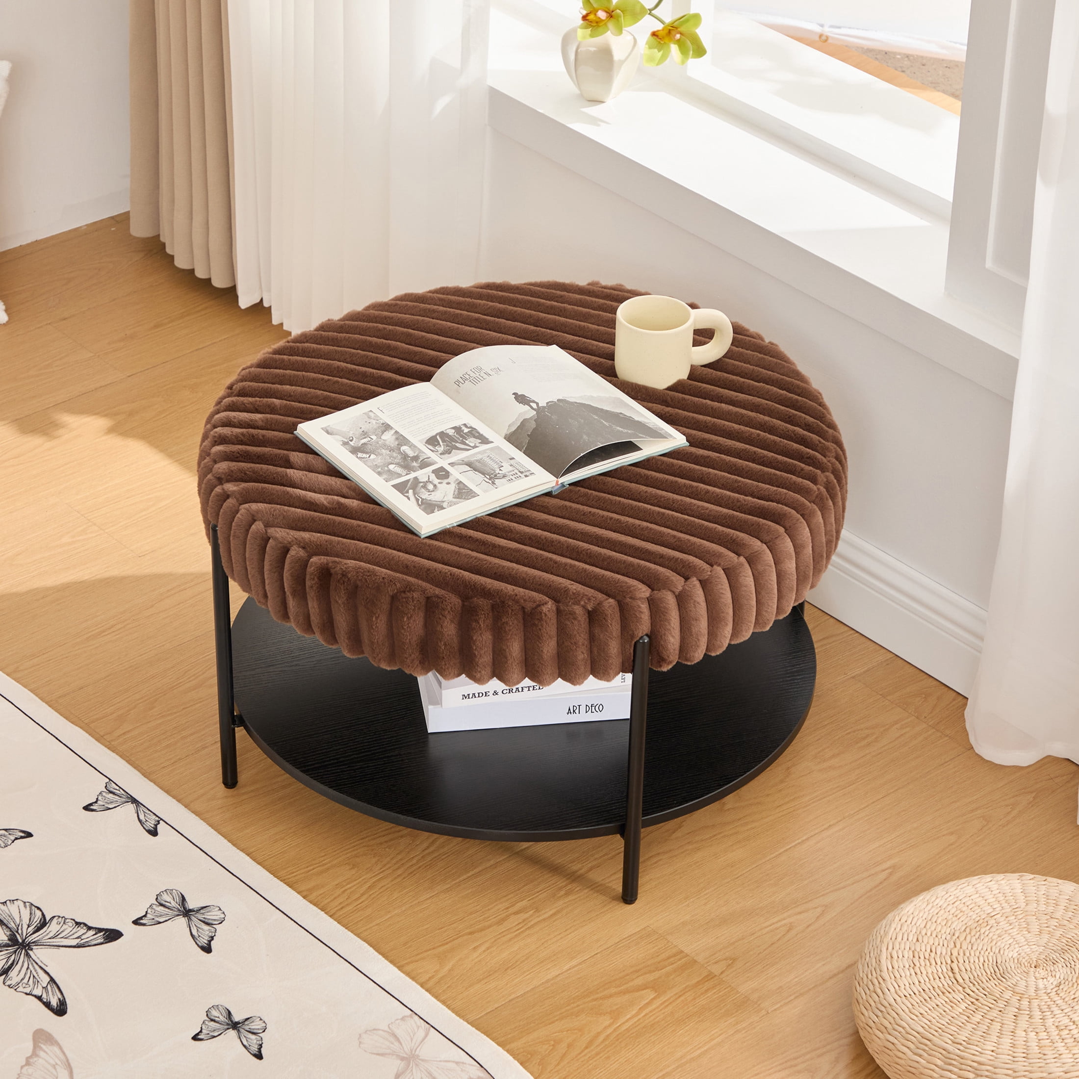 Noble House Camlyn 30.9" Faux Fur Round Ottoman Coffee Table, Footrest with Black Metal Legs & Storage Shelf, Brown