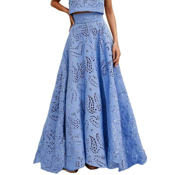 EDFBUYKRS Female Skirts Fall Maxi Skirt Set Women's Floral Print Hollow out Skirt for Summer Spring Casual Outfit with Matching Top Machine Washable Solid Color