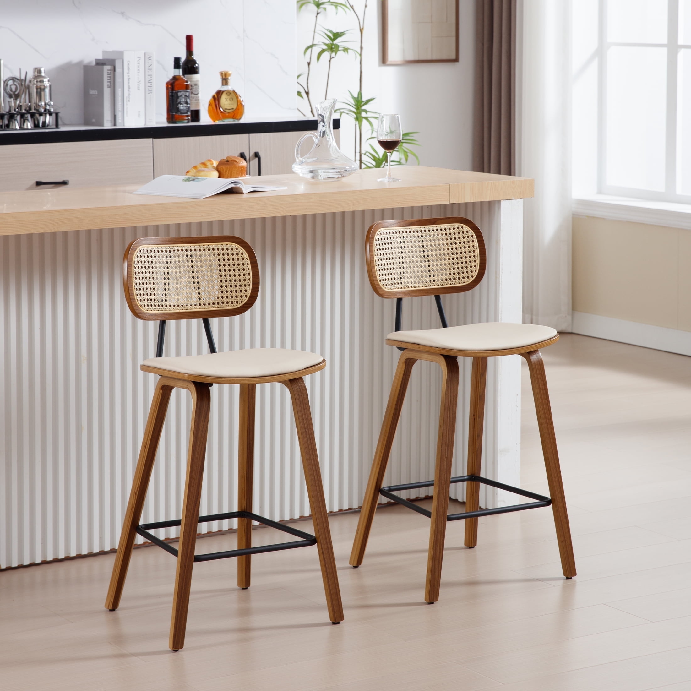Guyou Rattan Counter Height Bar Stool Set of 2, 26" Wooden Kitchen Island Chairs with Cane Backrest and Bentwood Legs, Modern PU Upholstered Barstools for Dining Room Bars Coffee Shops, Beige