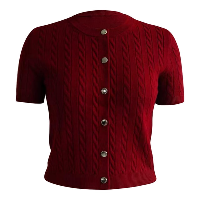 Suéter George para Mujer, Tejido de Cable, Botones Dorados, Manga Corta Jamaica Talla M
