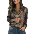 thumbnail image 3 of IMENGL Women's Satin Long Sleeve Shirt Women's Retro Flower Casual Printed Shirt Brown XXXXXL, 3 of 7