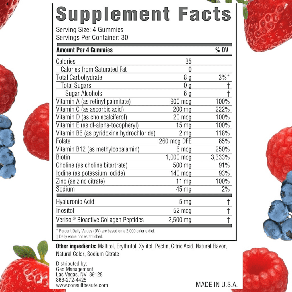 Consult Health VOLUMAGEN Skin Plumping Collagen Gummies with Verisol Bioactive Collagen Peptides, Biotin, Decrease Wrinkles, Increase Skin Elasticity, Natural Berry Flavor,120 Count