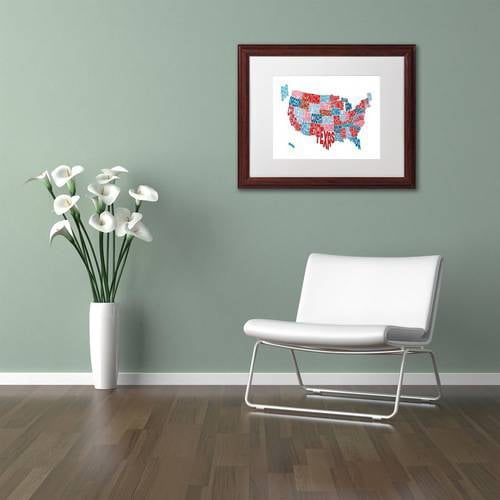 Trademark Fine Art 'United States Typography Text Map' Canvas Art by Michael Tompsett, White Matte, Wood Frame