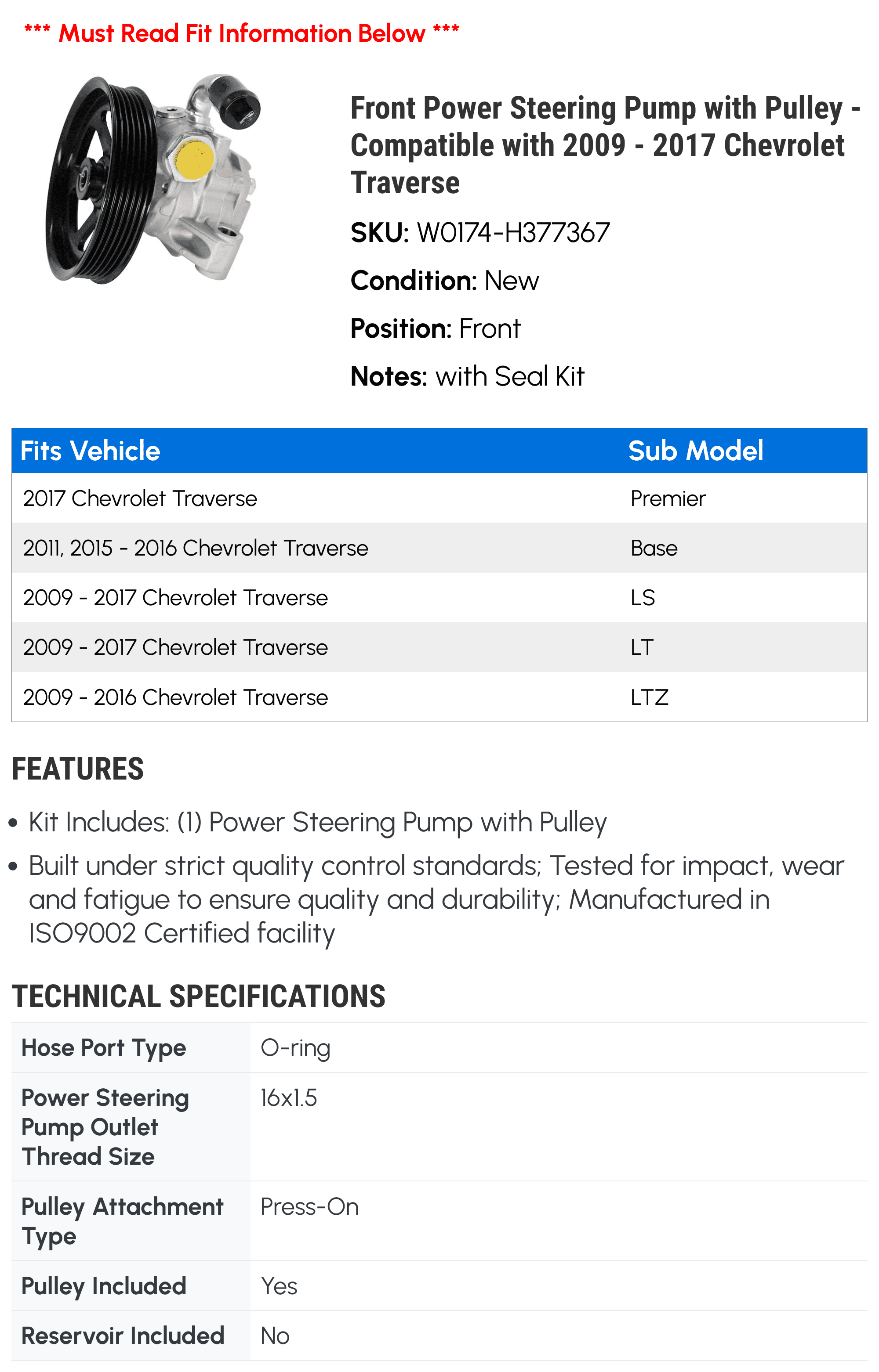 Front Power Steering Pump with Pulley - Compatible with 2009 - 2017 Chevy Traverse 2010 2011 2012 2013 2014 2015 2016