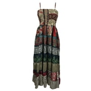 Mogul Womens Sundress Speghatti Strap Patchwork Printed Boho Smocked Bodice Long Dress