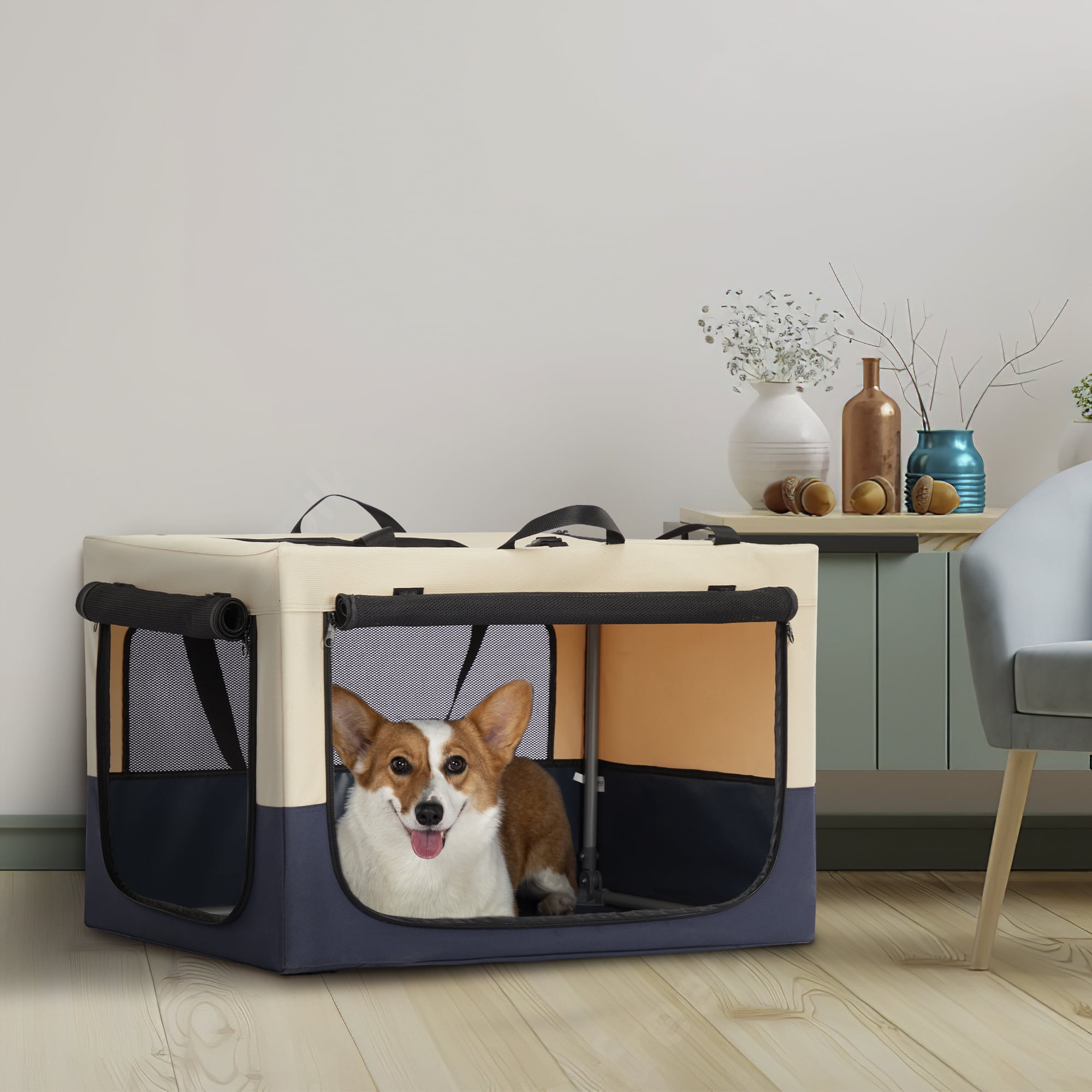 Pefilos 30" Dog Crates for Dogs with Adjustable Fabric Cover, Pet Cages by Spiral Iron Pipe, Strengthen Sewing Dog Travel Cages 3 Door Design, White+Blue Pefilos 30" Dog Crates for Dogs with Adjustable Fabric Cover, Pet Cages by Spiral Iron Pipe, Strengthen Sewing Dog Travel Cages 3 Door Design, White+Blue
