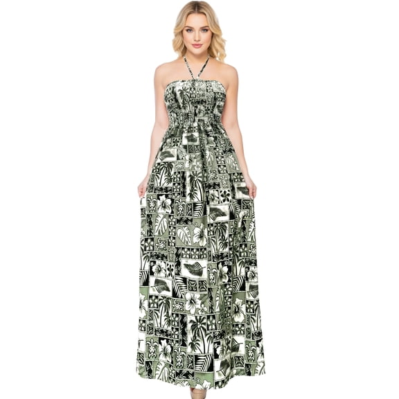 HAPPY BAY Women's Beach Summer A-Line Maxi Smocked Top Slit Dress Long Sleeveless Casual Strapless Tube Dresses for Women One Size Jade, Tropical