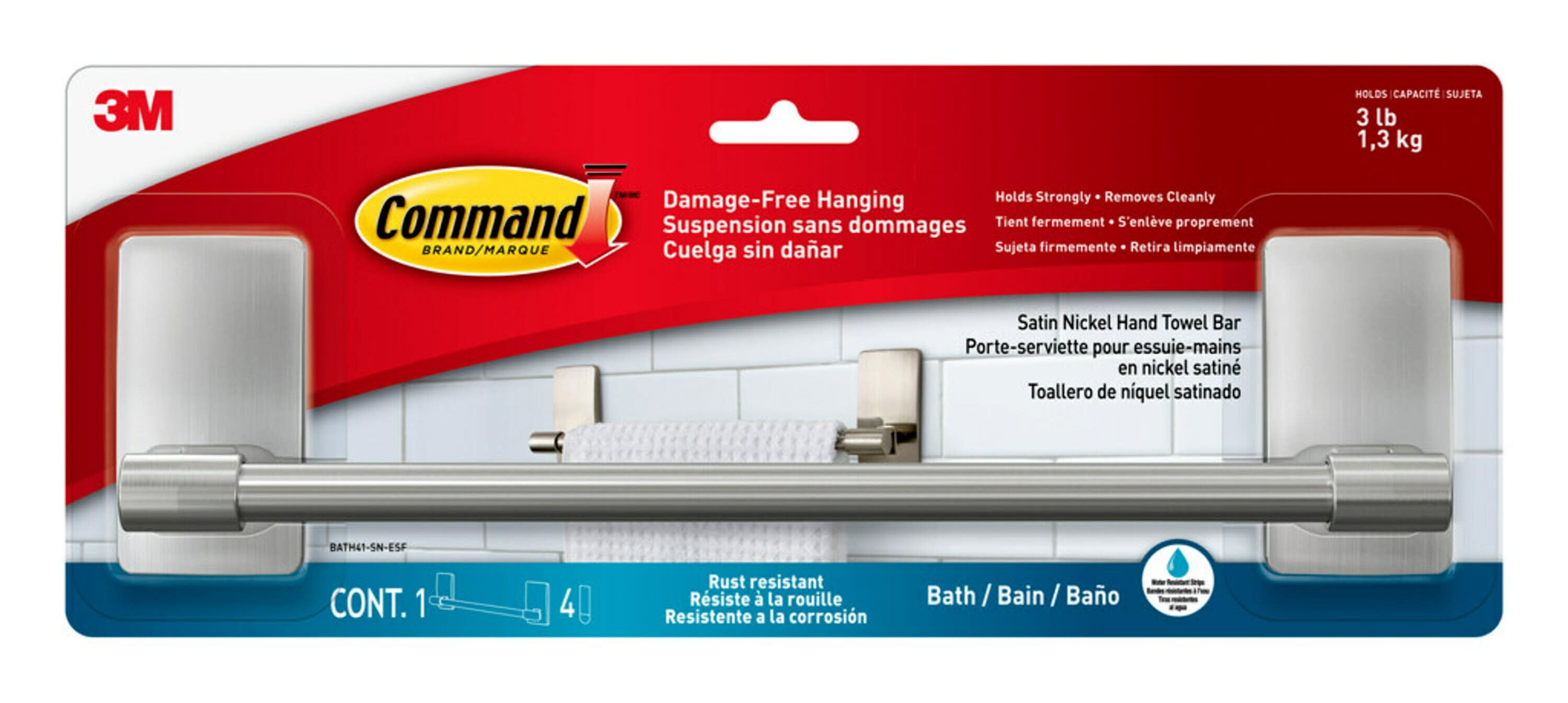 Command Satin Nickel Hand Towel Bar, 1 Towel Bar, 4 Strips, Bathroom Organization