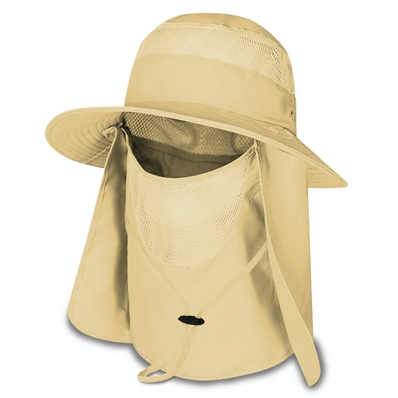Fishing Sun Bonnie Bucket Hat Unisex Adult 360% UV UPF 50+ Solar Protection Lightweight Outdoor Summer Wide Brim Visor Cap with Detachable Neck Flap, Face Cover Mask, Windproof, For Beach, Khaki