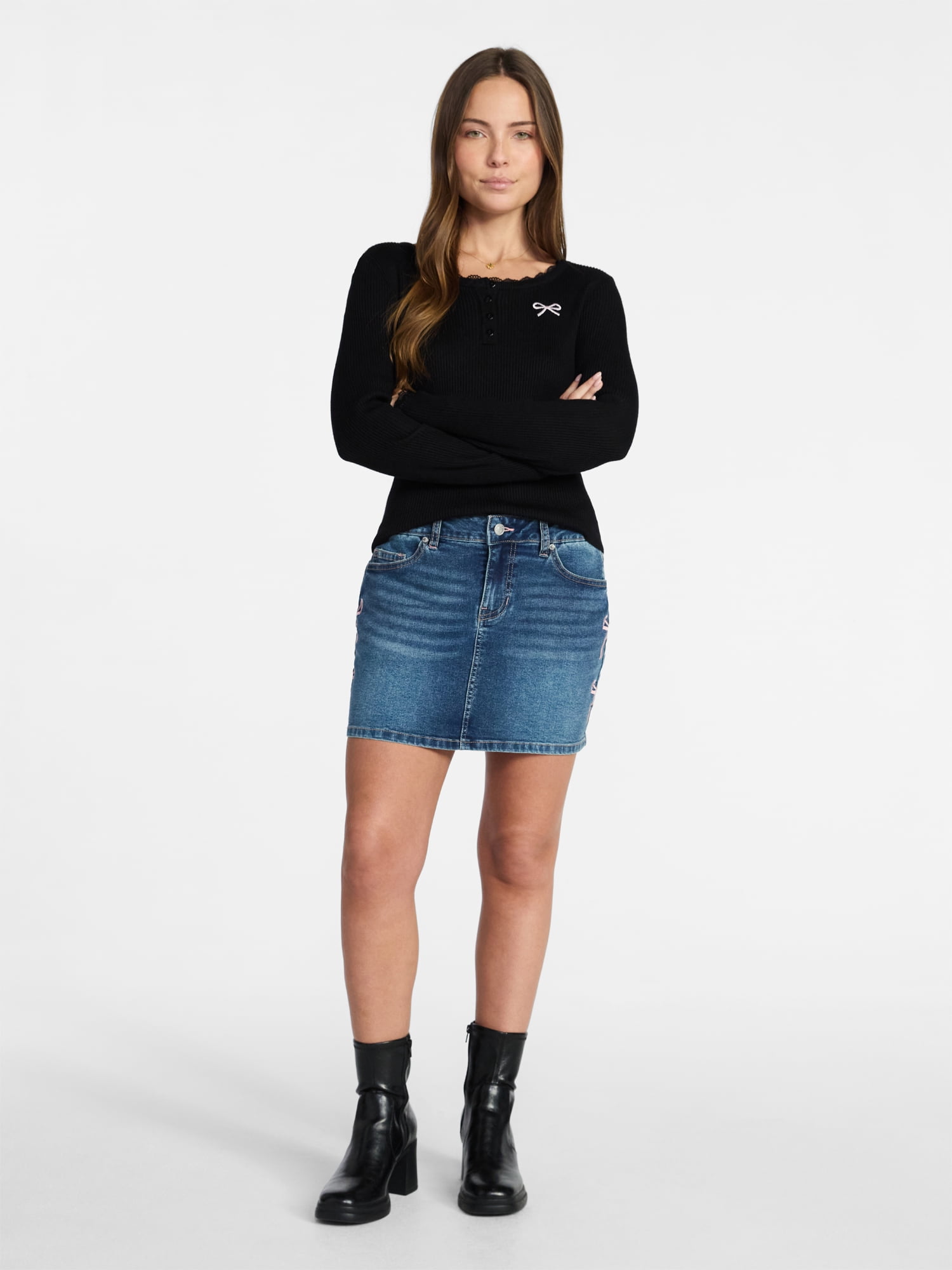 Madden NYC Women's Embroidered Bow Denim Skirt, Sizes XXS-XXL
