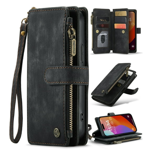 Wallet Case For iPhone 7 / 8 / SE 2020 / SE 2022, Multifunctional Magnetic Closure Folio Case, [RFID Blocking] Durable PU Leather Flip Lanyard Strap Wristlet Zipper Card Holder Phone Case, Black