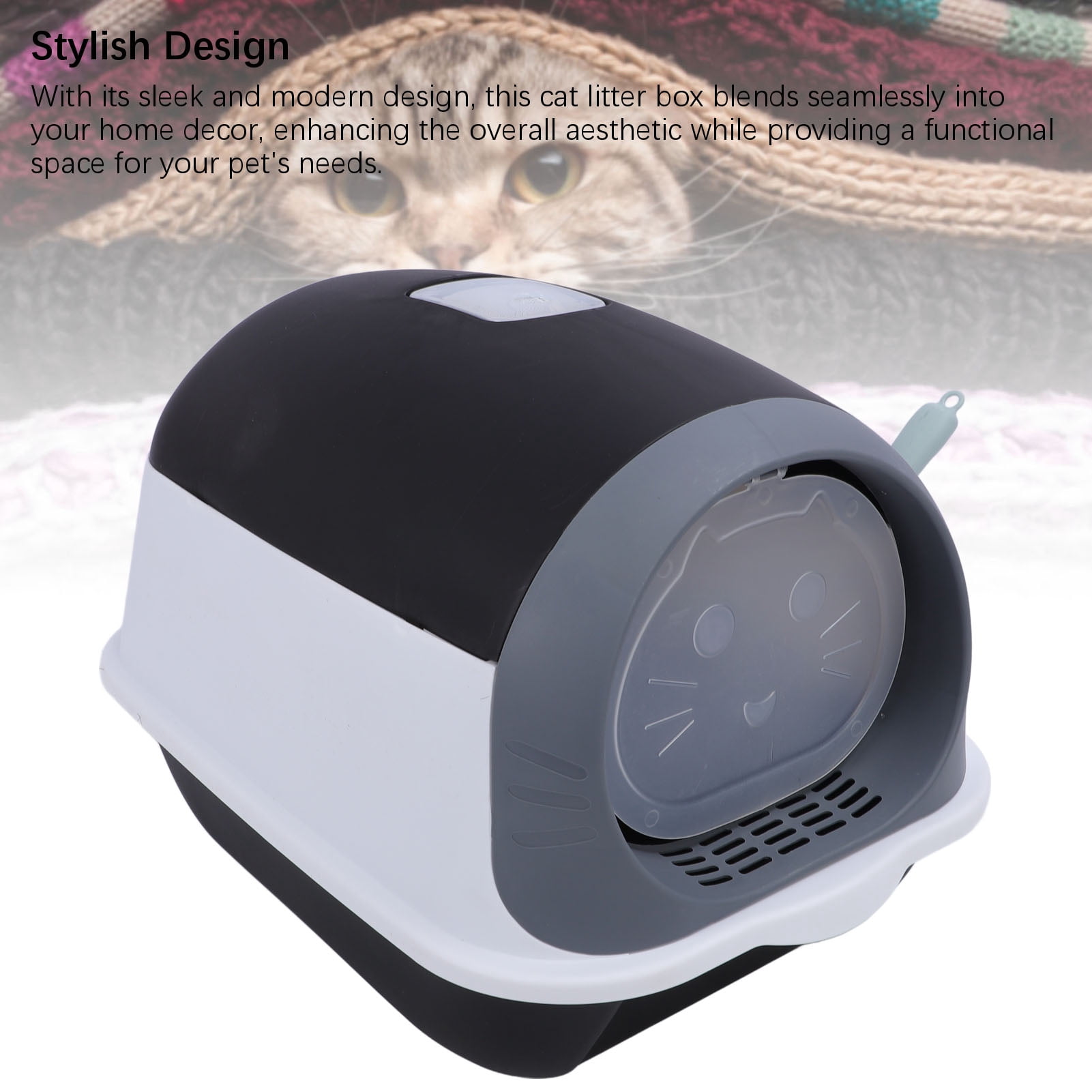 LAZIOEGR Enclosed Plastic Litter Box Extra Large Odor Resistant Easy Cleaning Covered Kitty Litter Box with Scoop for Indoor Cats, Black (20.87 inches / 53 cm)