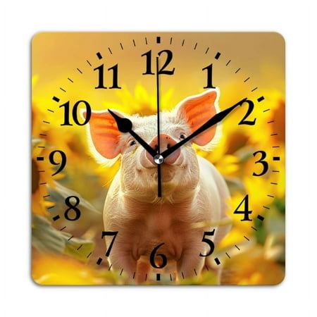 Square Wall Clock,Cute Piglet Standing In Sunflower Field,Silent Non-Ticking Wall Clock Decor for Home Office Kitchen Living Room Bedroom(12inch)