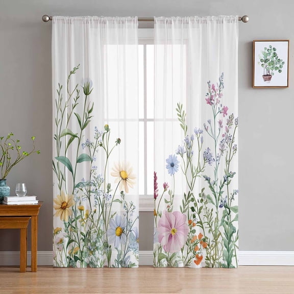 Spring Floral Sheer Curtains 96 Inches Long 2 Panels Set, Window Sheer Curtains for Living Room/Bedroom, Wildflowers Herbs Summer Botanical Light Filtering Rod Pocket Curtain 52'' x 96'' x 2