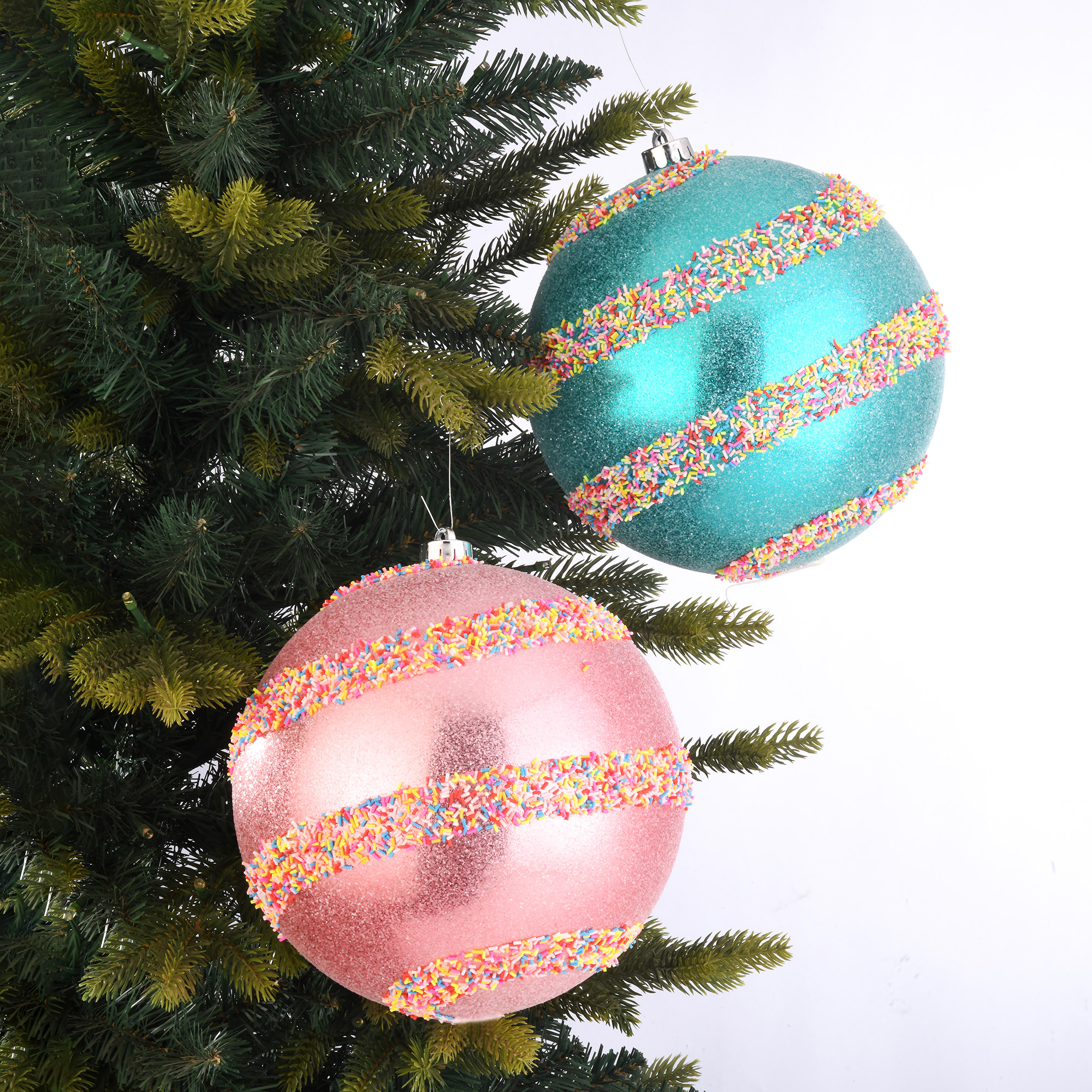 2-Count Pink and Blue Jumbo Shatterproof Christmas Ornaments with Multicolor Glitter Stripes, 7.87 in, by Holiday Time