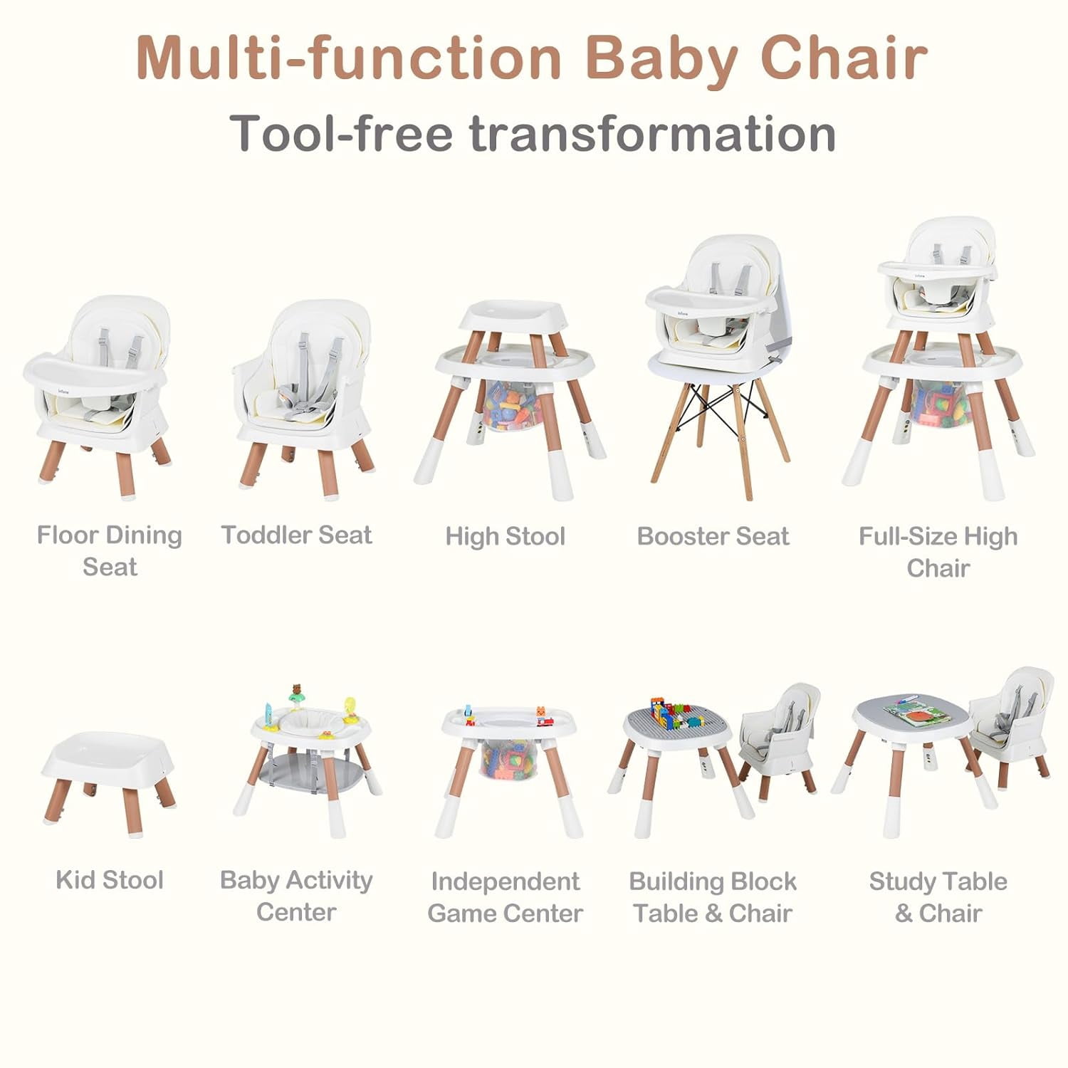 INFANS 9 in 1 High Chair, Convertible Baby Highchair for Babies and Toddlers, Table and Chair Set Building Block Infant Dining Booster Seat, Kids Stool with Activity Children Play Kitchen