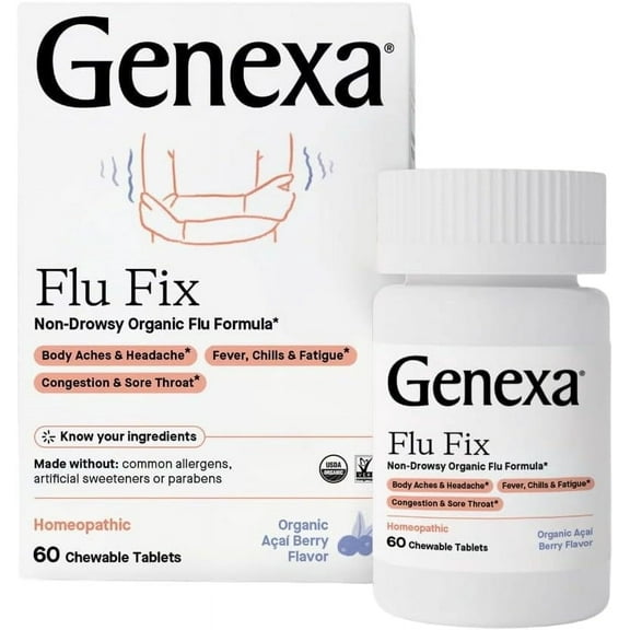 Genexa Flu Fix | Multi-Symptom Flu Remedy for Kids & Adults | Delicious Organic Acai Berry Flavor | Certified Organic & Non-GMO | Homeopathic Remedy Made Clean | 60 Chewable Tablets