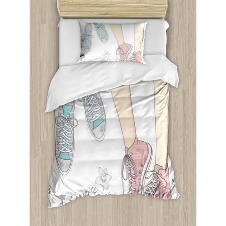 Peach And Green Comforter Teen Room Duvet Cover Set, Pair of Shoes in Young Girl Feet with Floral Feminine Fashion Pattern, Decorative Bedding Set with Pillow Shams, Peach Pale Pink Mint, by Ambesonne ()