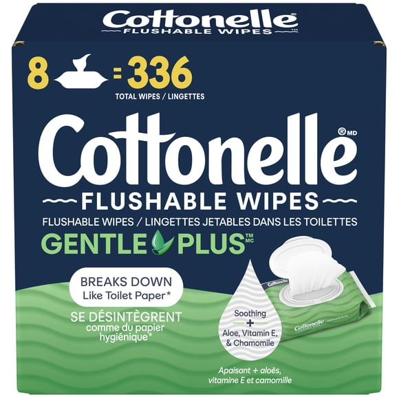 Cottonelle Gentle Plus Flushable Wet Wipes, 8 Flip-Top Packs, 336 Wipes