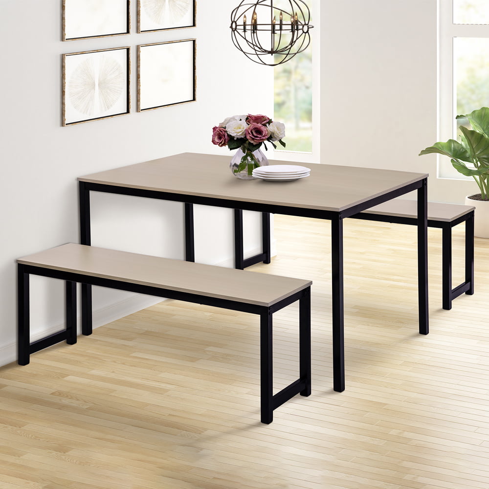 Dining Table Set with Bench, Wood Kitchen Table with 2 Benches and