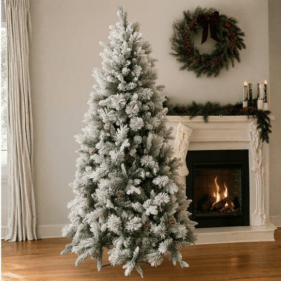 Arbolito de Navidad Nevado Artificial Pino de Lujo con Serie de Luz LED 210 Cm 1800 Ramas Frondoso