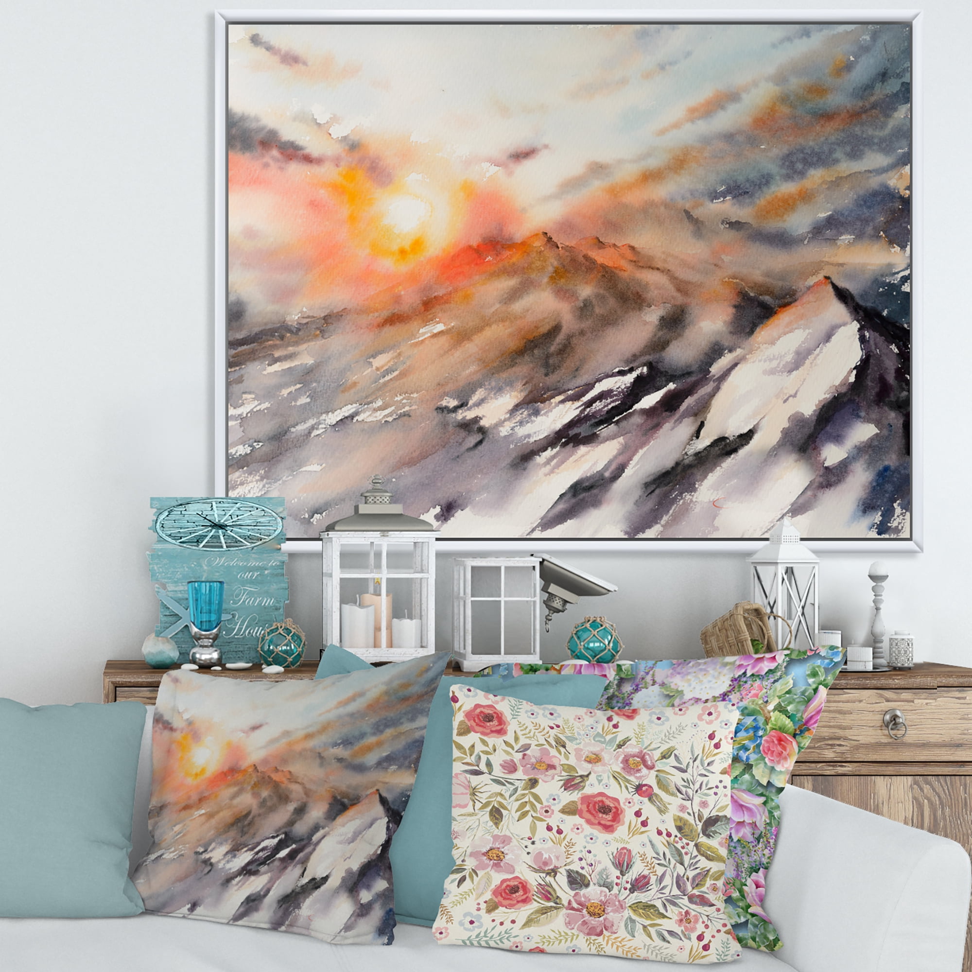 Designart 'Majestic Sunset Glow on The Mountains Landscape' Traditional Framed Canvas Wall Art Print