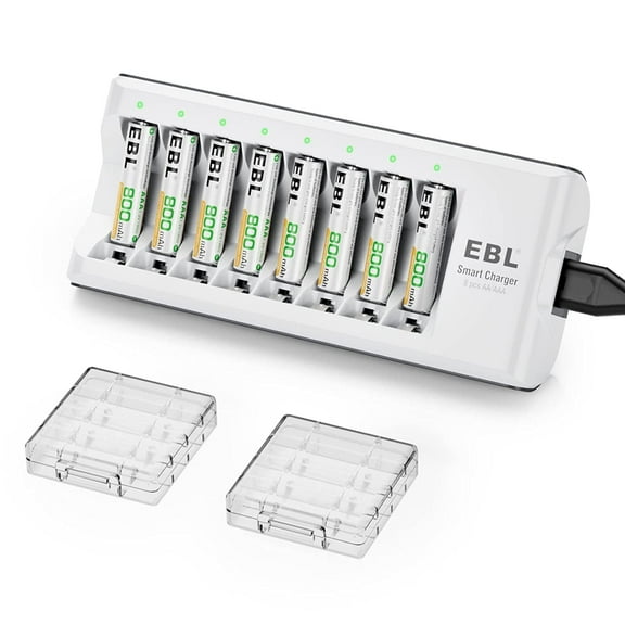 EBL 8 Pack of AAA Batteries NiMH Rechargeable Batteries 1.2V 800mAh with Smart 8-Slot Battery Charger for AA AAA Battery