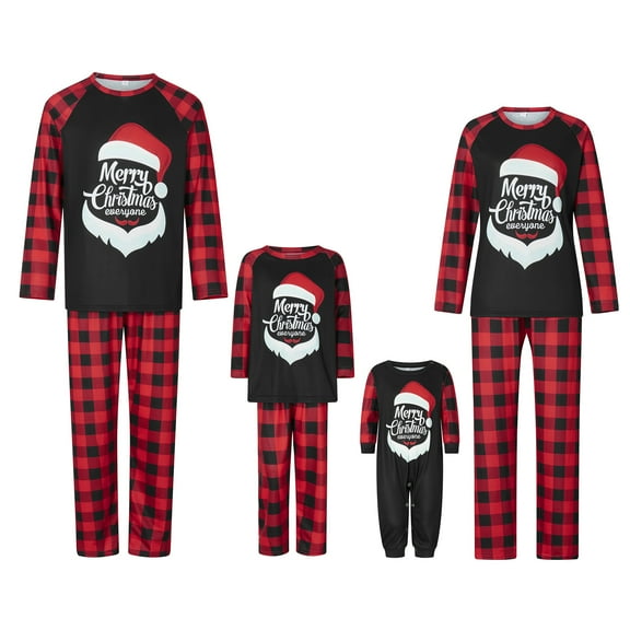 Elippeo Family Matching Christmas Pajamas, Letter  Hat Print Long-Sleeved Round Neck Tops   Plaid Pattern Trousers Sleepwear Outfits