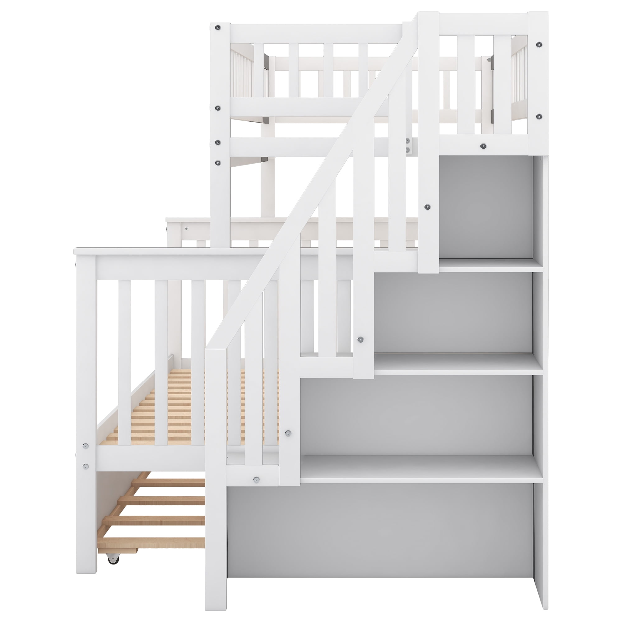 EUROCO Twin over Full Bunk Bed with Twin Trundle Bed and Storage Shelves for Kids, Three Beds with Storage for Kids Teens Adults, White