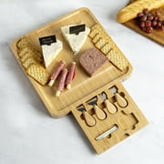 Tasty Natural Bamboo Cheese Board and Charcuterie Tray with Hidden Drawer, Utensils, Markers, and Chalk, 13 x 13