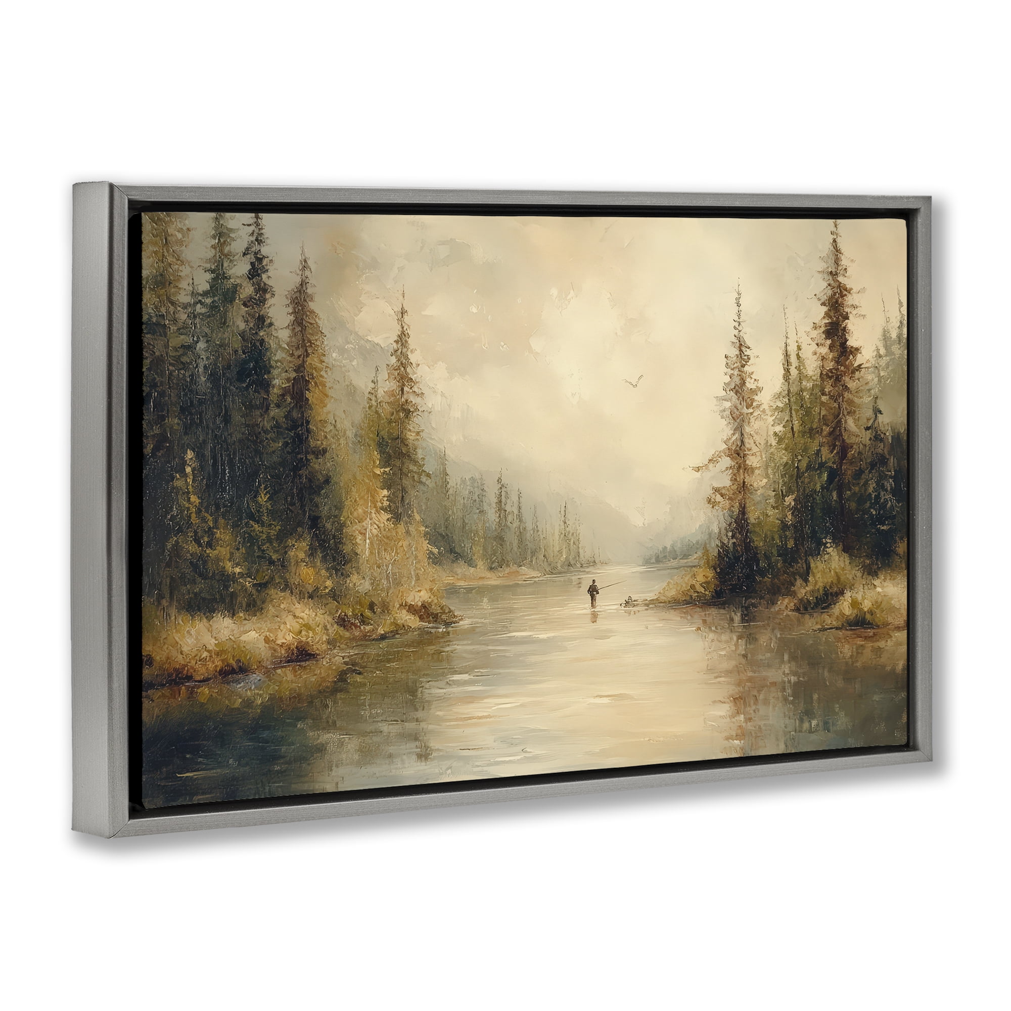 Stupell Industries Fly Fisher at Misty River Gray Framed Floater Canvas Wall Art, design by Petal Prints Design